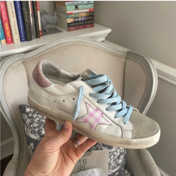 Golden Goose Shoes - Golden Goose White Sneakers with Pink Star and Blue Accents